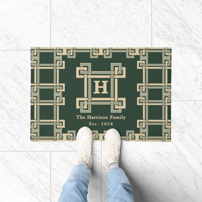 Paillasson Classique Vert Forêt Clé Grecque Monogrammée (Intérieur)