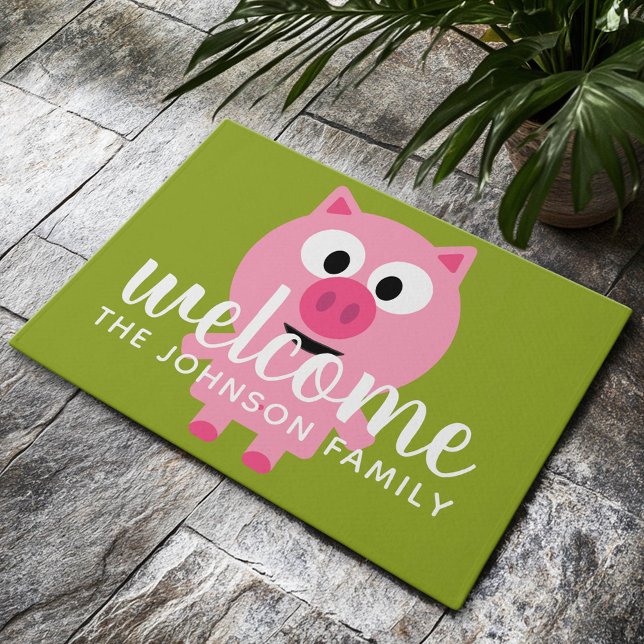 Paillasson Cochon de ferme en caricatures - rose et vert citr (Custom Welcome Mat)