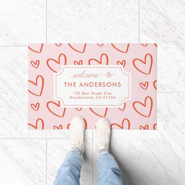 Paillasson Coeurs - adresse de famille rose et rouge (Intérieur)
