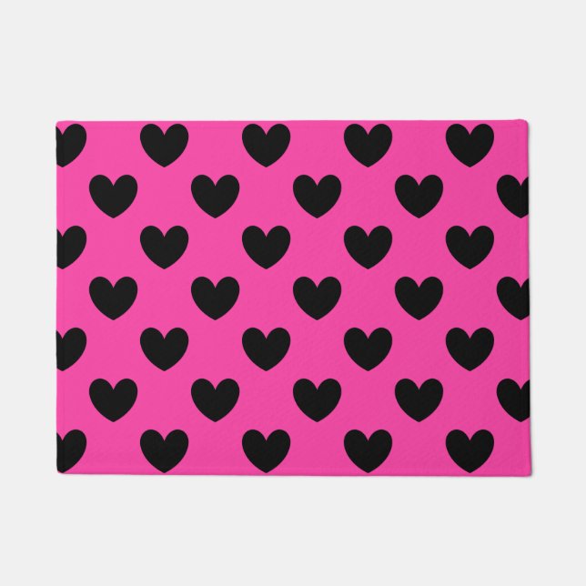 Paillasson Coeurs polka noirs sur rose fuchsia (Devant)