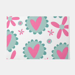 Paillasson Coeurs Roses Et Turquoises Et Fleurs Roses Motif