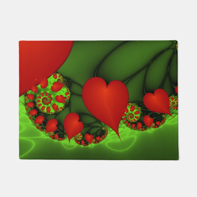 Paillasson Coeurs rouges Lime vert Moderne Art Abstrait fract (Devant)