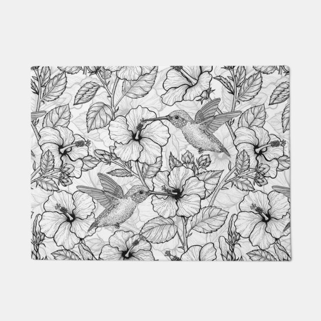Paillasson Colibris et fleurs d'hibiscus b&w (Devant)