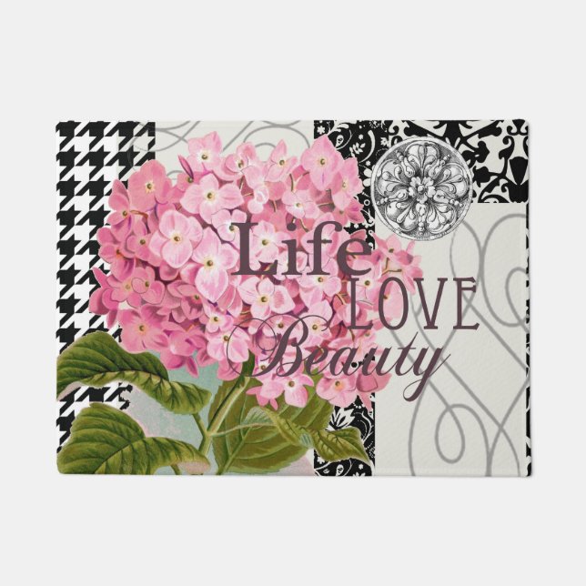 Paillasson Collage d'hydrangea rose chic Art damassé vintage (Devant)