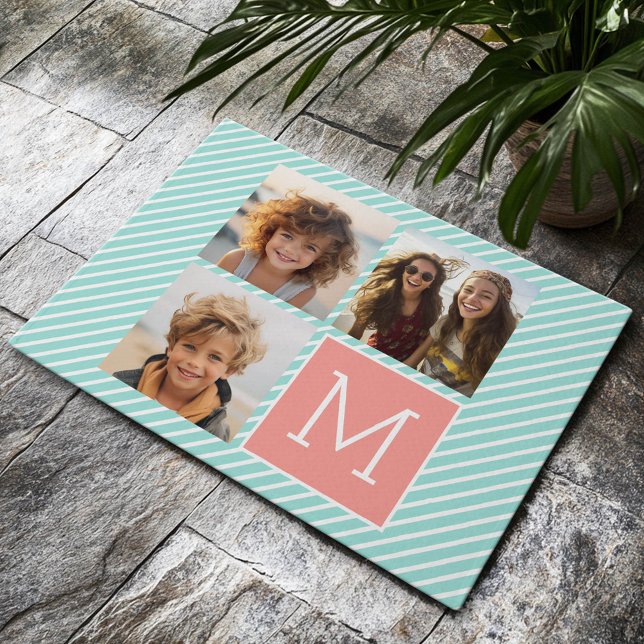 Paillasson Collage photo de menthe et de corail avec Monogram (Custom Welcome Mat)