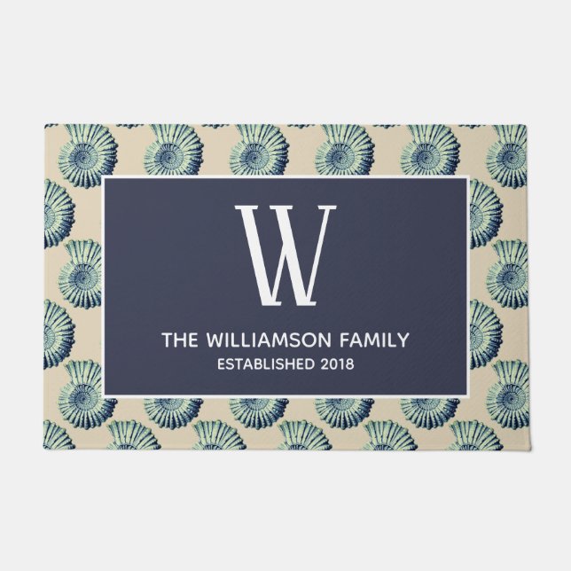 Paillasson Coquillages bleus côtiers et nom de famille (Devant)