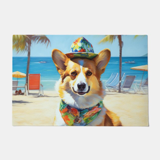Paillasson Corgi on Beach, cadeau d'été pour les amoureux de  (Devant)