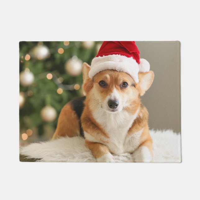 Paillasson Corgi portant le mat de Santa Hat (Devant)