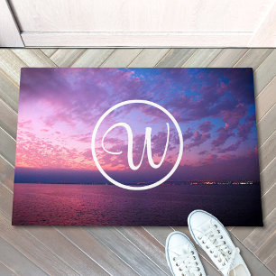Paillasson Coucher de soleil bleu violet photo monogramme per