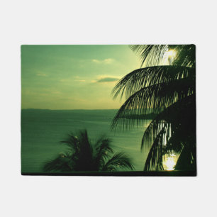 Paillasson Coucher de soleil vintage sur la plage ciel vert-b