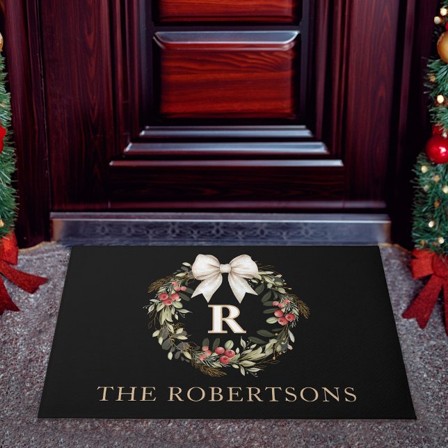 Paillasson Couronne de Noël Classique Monogramme Nom Fêtes (Créateur téléchargé)