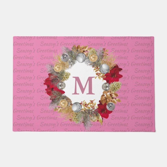 Paillasson Couronne de Noël décorative à monogramme rose (Devant)