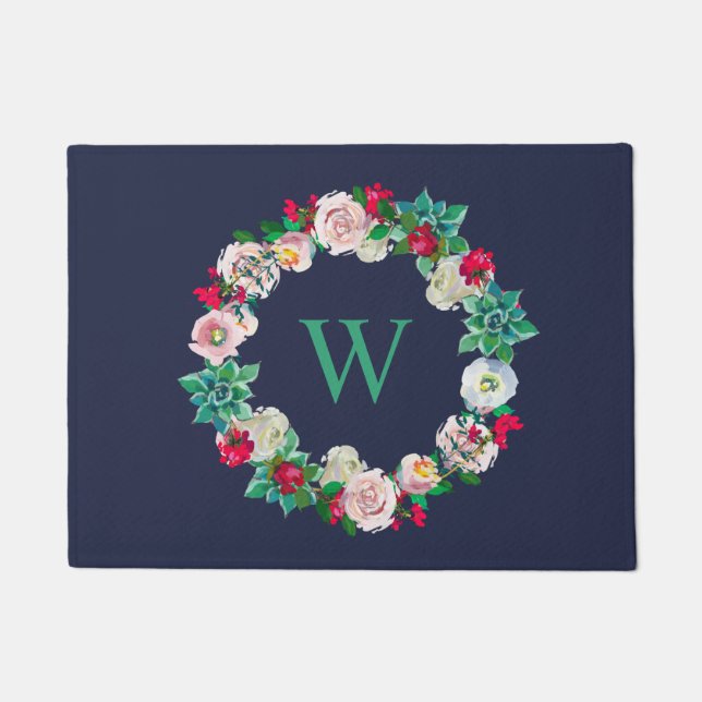 Paillasson Couronne florale Monogramme Marine Bleue (Devant)