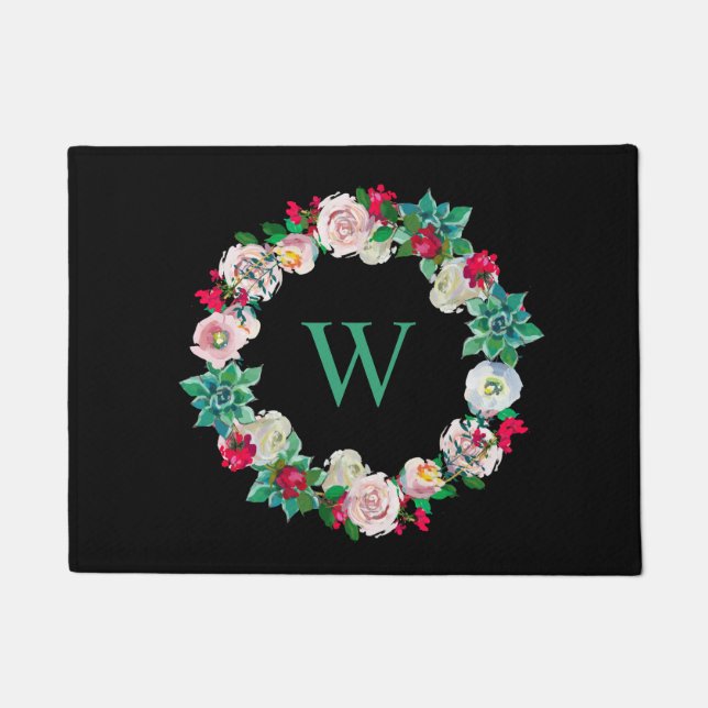 Paillasson Couronne florale Monogramme Noir (Devant)