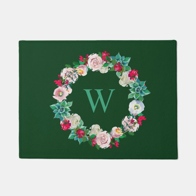Paillasson Couronne florale Monogramme Vert (Devant)
