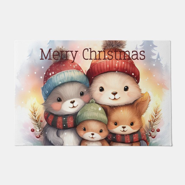 Paillasson Cozy Woodland Animal Family Merry Christmas (Devant)