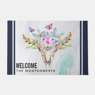 Paillasson Crâne animal Boho avec papillons et fleurs