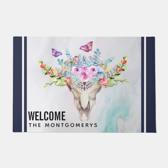 Paillasson Crâne animal Boho avec papillons et fleurs (Devant)