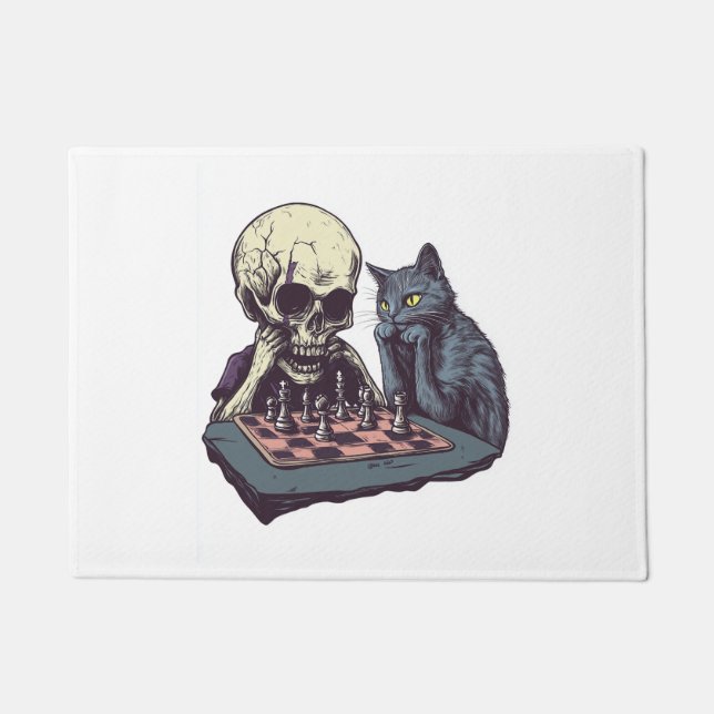 Paillasson Crâne vs Chat � Bataille d'échecs drôle (Devant)