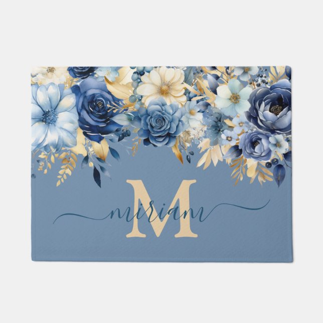 Paillasson Cuisine de luxe Mat : Fleurs Bleues et Or (Devant)