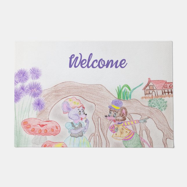Paillasson Custom Kids Artwork, deux mignonnes souris, fleurs (Devant)