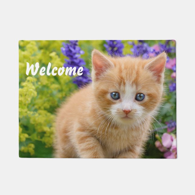 Paillasson Cute Fluffy Ginger Chat Kitten en Fleurs - Bienven (Devant)