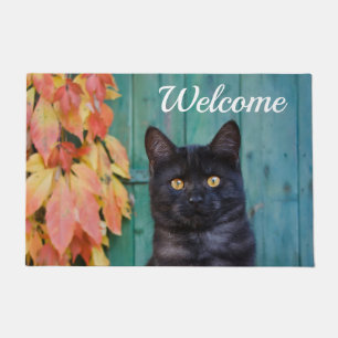 Paillasson Cute Noir Chat Kitten Rouge Feuille Porte Bleue Bi