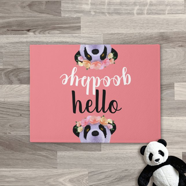 Paillasson Cute Panda Bear Bonjour Adieu Coral Pink Doormat (Cute Panda Bear Hello Goodbye Coral Pink Doormat just for you)