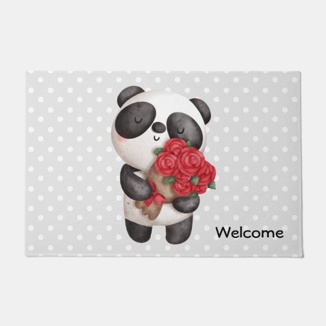 Paillasson Cute Panda Ours portant Bouquet de Roses Bienvenue (Devant)