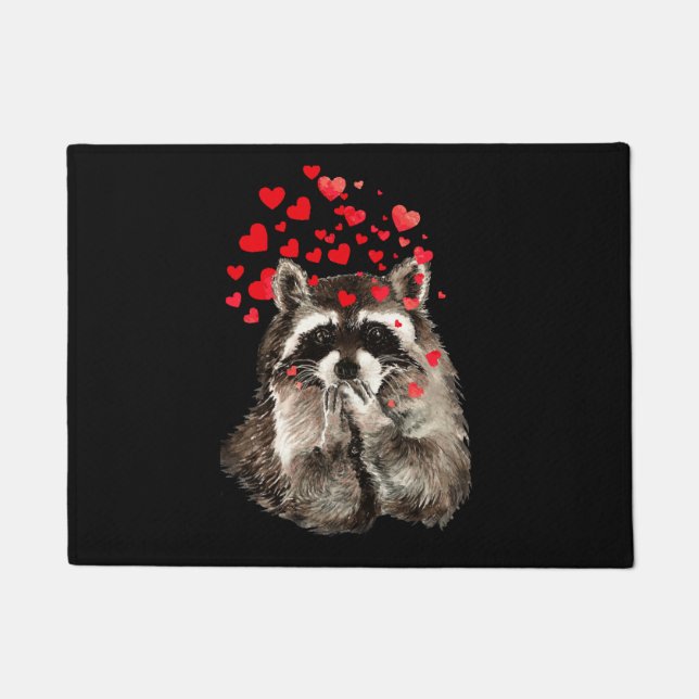 Paillasson Cute Raccoon souffler Baisers Amour Coeurs Bienven (Devant)