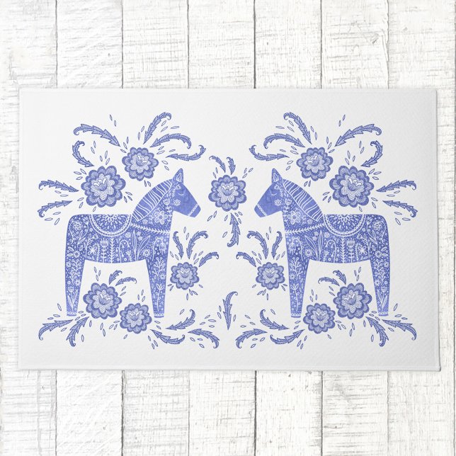 Paillasson Dala suédois Horse bleu et blanc mat de porte (Swedish Dala Horse folk art blue and white doormat)