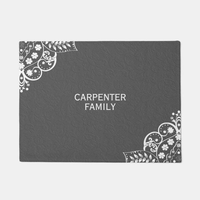 Paillasson Damas Gris Et Dentelle Florale Blanche (Devant)