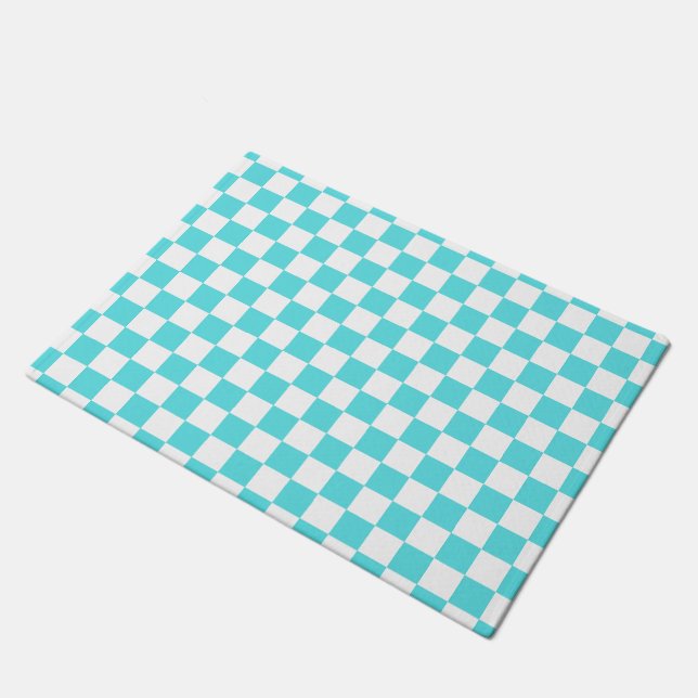 Paillasson Damier bleu turquoise visuel classique  (Incliné)