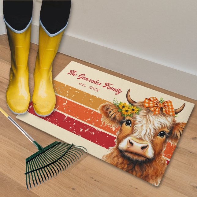 Paillasson de ferme rustique Vache Highland mignon (Rustic Farmhouse Fall Front Door Home Decoration Highland Cow With Sunflowers  Plaid Ribbon )