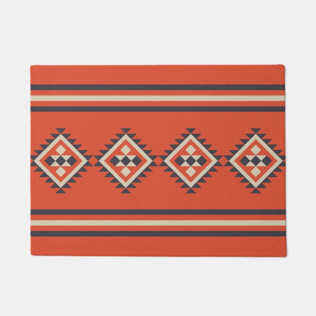 Paillasson Design aztèque dans les tons orange, beige et bleu (Devant)
