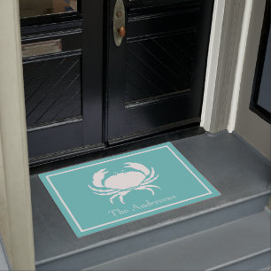 Paillasson Design nautique avec crabe blanc sur bleu Turquois