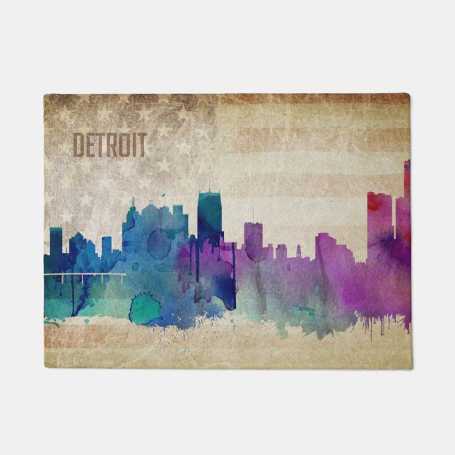 Paillasson Detroit, horizon de ville d'aquarelle de MI | (Devant)