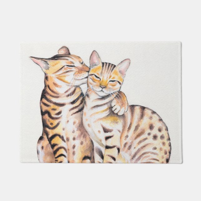 Paillasson Deux chats Bengale mignons aquarelle art (Devant)