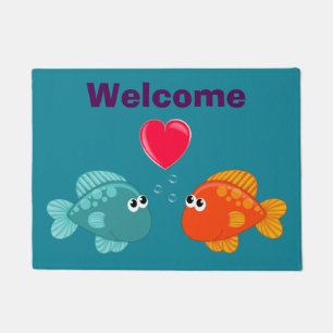 Paillasson Deux mignons poissons dessin animé amour bulle