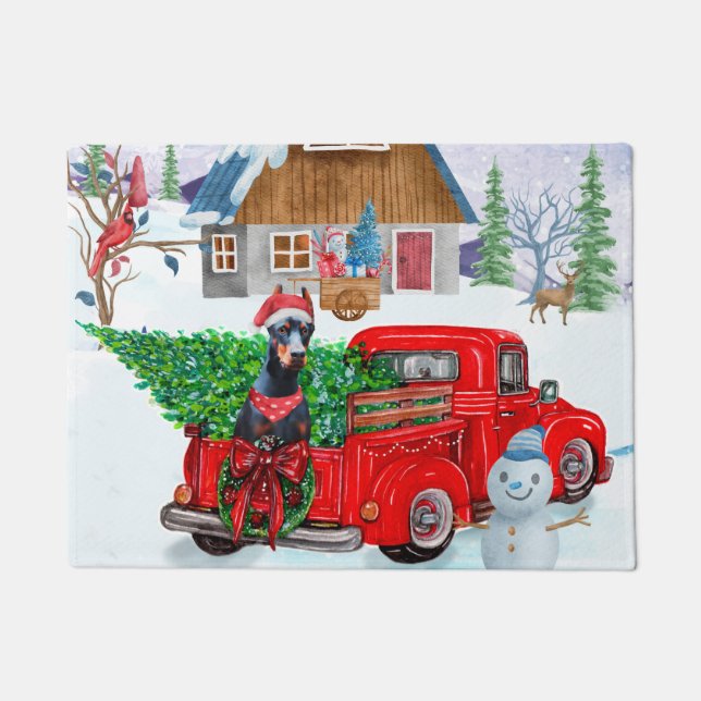 Paillasson Doberman Chien en Livraison Noël Camion Neige (Devant)