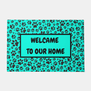 Paillasson Dog Paws Black and White Polka Dot on vivid cyan