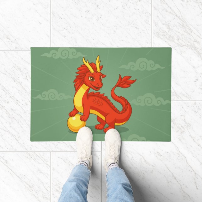 Paillasson Dragon Chinois Rouge sur Fond Vert (Intérieur)