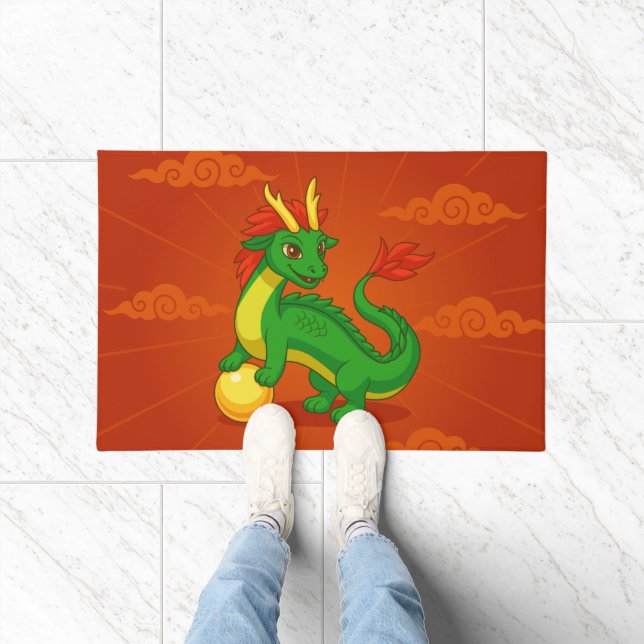 Paillasson Dragon Chinois Vert sur Fond Rouge (Intérieur)