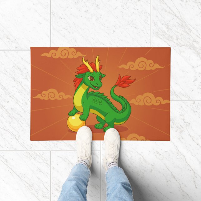 Paillasson Dragon Chinois Vert sur Fond Rouge (Intérieur)