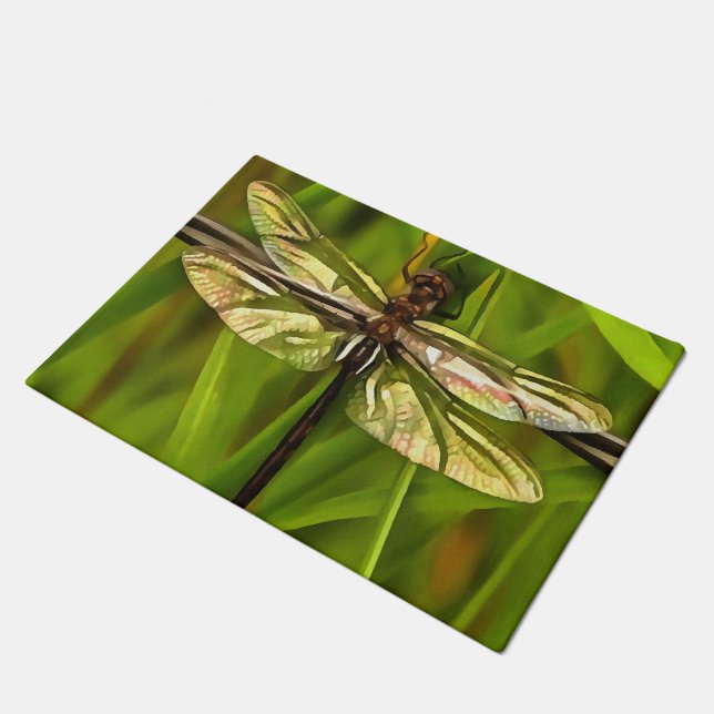 Paillasson Dragonfly Artistique En Brown Et Jaune Sur Vert (Incliné)