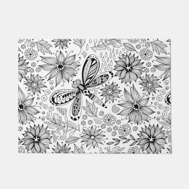 Paillasson Dragonfly et doodle de fleurs (Devant)