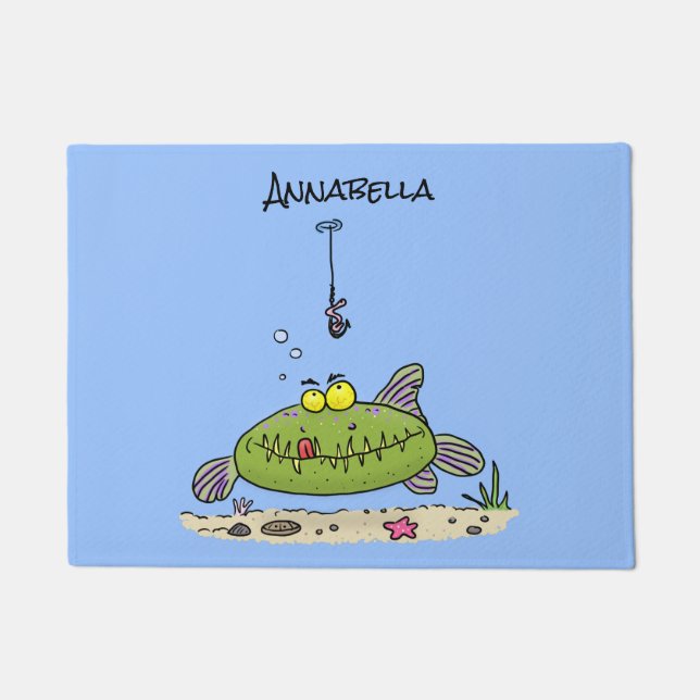 Paillasson Drôle gras affamé poisson vert dessin de pêche (Devant)