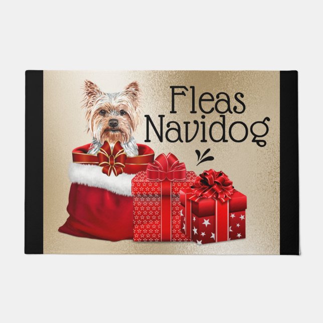 Paillasson Drôle yorkie Noël fleurons navidog cadeaux (Devant)
