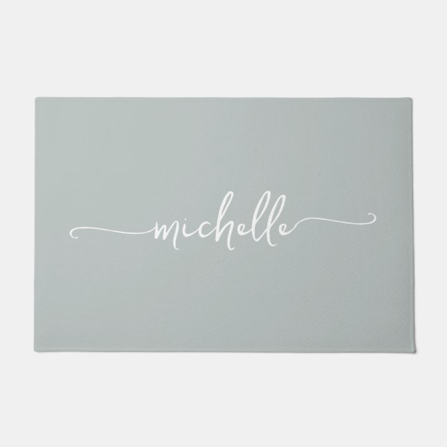 Paillasson Écriture de nom en monogramme vert sauge moderne (Devant)