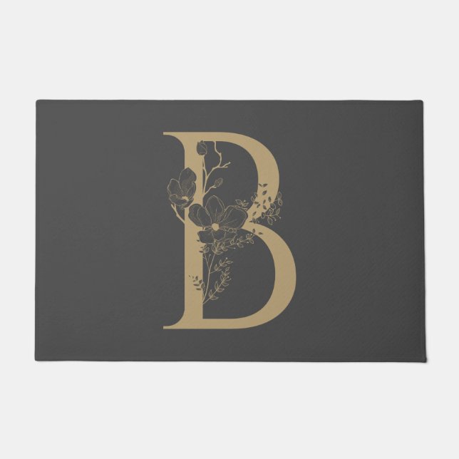 Paillasson Élégant B Boho Floral Monogramme initial Gris Or (Devant)
